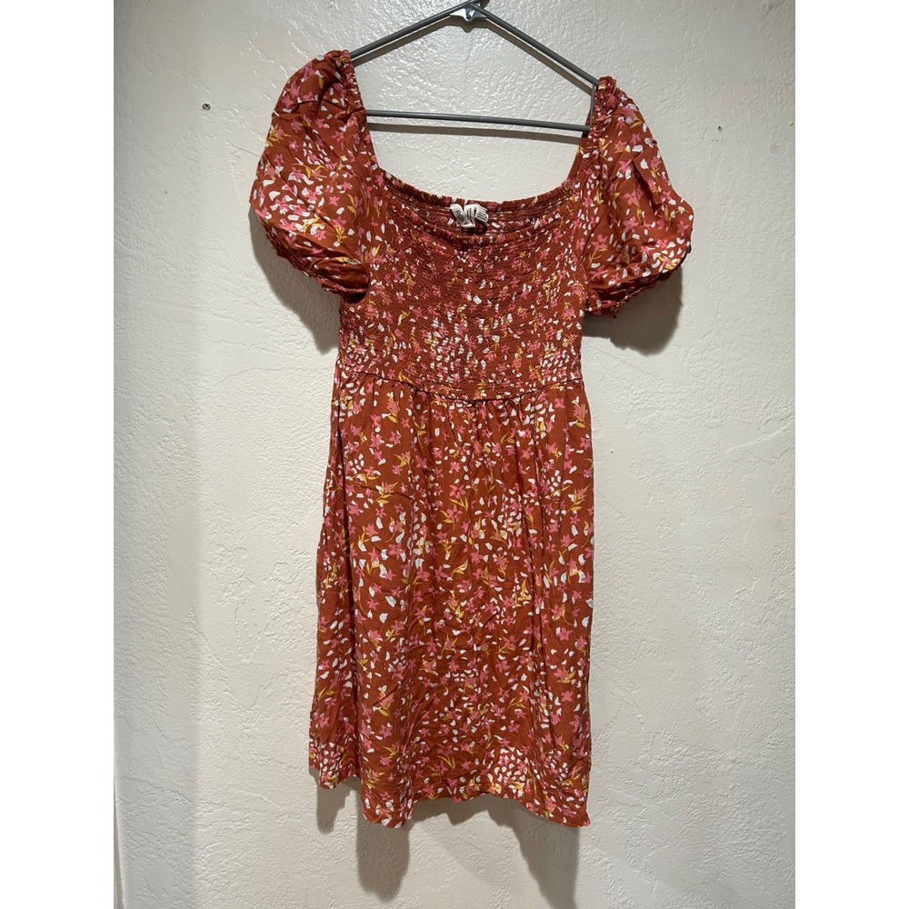 Roxy Womens Rust Floral Smocked Puff Sleeve Mini Dress Square Neck Size Large